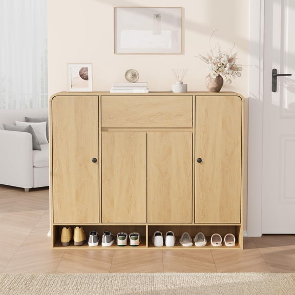 47.2 Inch Shoe Storage Cabinet with 4 Doors and 1 Drawer, Freestanding Entryway Organizer with Rounded Corner, Narrow Large Capacity Cabinet for Hallway, Living Room, Natural Oak