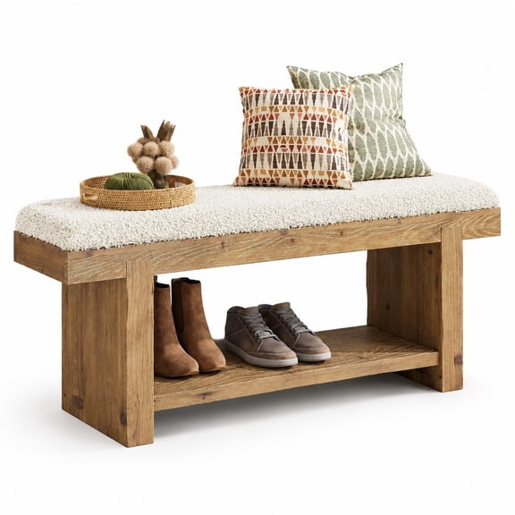 47.2-Inch Solid Wood Upholstered Entry Bench, 2-Tier Farmhouse Style with Storage Shelf, Narrow Design for Bedroom, Entryway, Mudroom