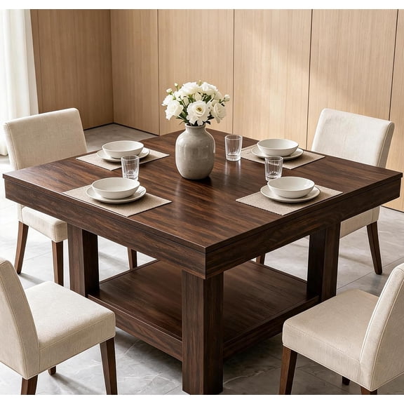 47.2 Inch Square Dining Table for 4, Heavy Duty Triangle Metal Frame Kitchen Table with Storage Shelf, MDF Top, Easy Assembly, Space Saving for Dining Room and Apartment,Dark Walnut Brown