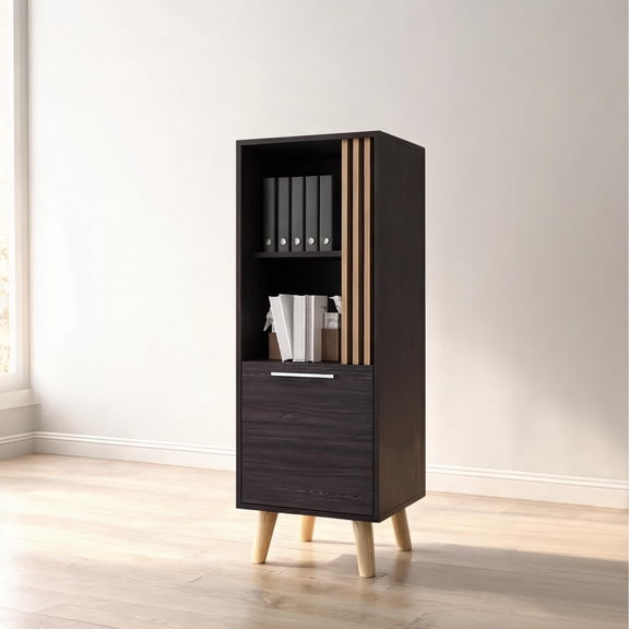47.2 Inch Tall Contemporary Storage Cabinet With Open And Concealed Storage, Particle Board Construction