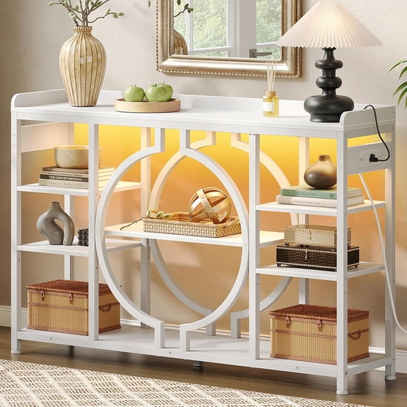 47.2-Inch White Industrial Console Table with Charging Station, LED Light, and 4-Tier Storage, Entryway or Hallway Table
