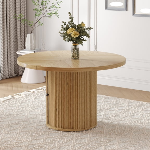 47.2 Inch Wood Farmhouse Round Dining Kitchen Table with Double-Layer Storage Roman Column Pedestal for 4-6 People