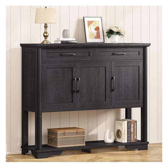 47.2 Inches Entry Table with Storage, Farmhouse Buffet Cabinet w/2 Drawers and 3 Doors, Open Storage Shelf, Adjustable Shelves, Coffee Bar Console Cabinet for Kitchen, Living Room, Black