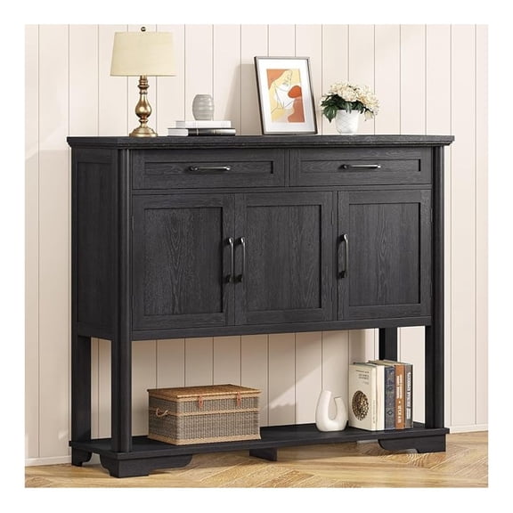 47.2 Inches Entry Table with Storage, Farmhouse Buffet Cabinet w/2 Drawers and 3 Doors, Open Storage Shelf, Adjustable Shelves, Coffee Bar Console Cabinet for Kitchen, Living Room, Black