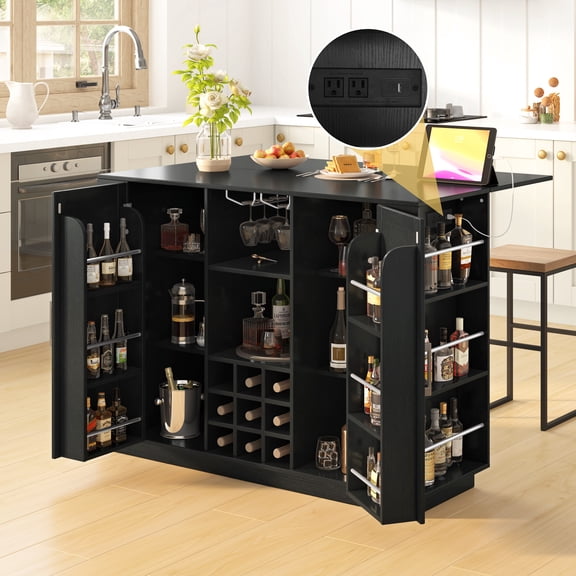 47.2" Kitchen Island with Drop Leaf & Power Outlet, Wine Bar Cabinet with Bottle Rack & Glass Holder, Coffee Bar, 2-Door Buffet Sideboard with Side Shelves, Melamine MDF, Black