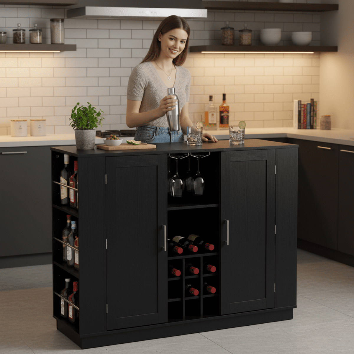 47.2 Kitchen Island with Drop Leaf Power Outlet Wine Bar Cabinet Coffee Bar Buffet Sideboard Black