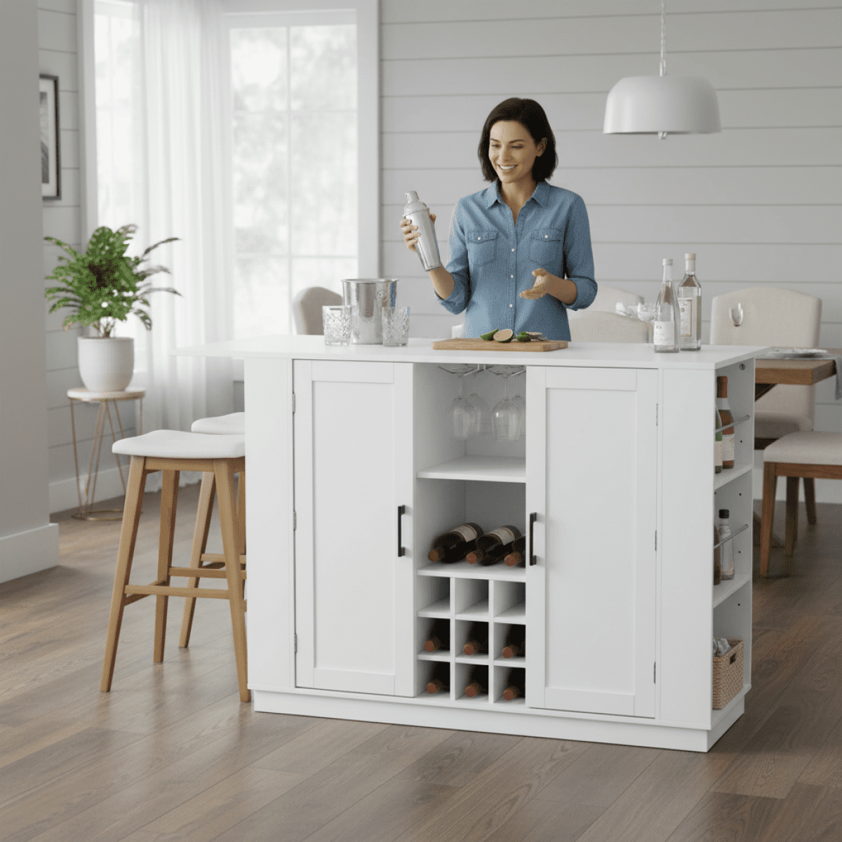 47.2 Kitchen Island with Drop Leaf Power Outlet Wine Bar Cabinet Coffee Bar Buffet Sideboard White