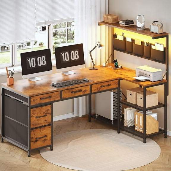 47.2" L Shaped Desk with Drawers and Hutch, Reversible Office Computer Desk with LED Lights, Brown