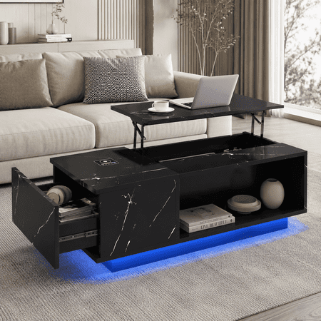 BelvaraHome 47.2" High Gloss Lift Top Coffee Table with Wireless Charging, Bluetooth Speaker, USB Ports, Drawer & Hidden Compartment, Black