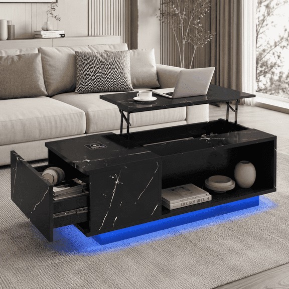 BelvaraHome 47.2" High Gloss Lift Top Coffee Table with Wireless Charging, Bluetooth Speaker, USB Ports, Drawer & Hidden Compartment, Black