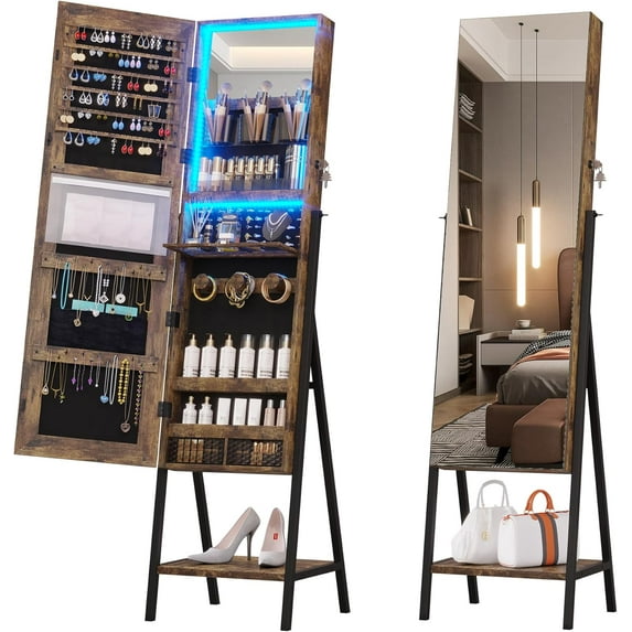 47.2" LED Jewelry Cabinet Armoire, Standing Full-Length Mirror With Jewelry Storage, Jewelry Organizer Armoire, Lockable Jewelry Mirror Cabinet (Rustic Light Brown)