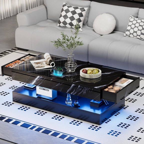 47.2" Large High-Gloss Coffee Table with 2 Drawers, Wireless Charging Station & LED Lighting, Modern Double-Layer Design, Black