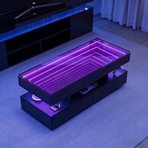 47.2" Large High Glossy LED Coffee Table with 2 Storage Drawers, Endless Depth Modern Center Table with Open Shelf, Mirror Coffee Table for Living Room, Black