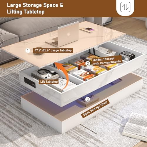47.2" Large Lift Top Coffee Table with Charging Station, LED Modern High Glossy Center Table with Hidden Compartment Storage, White Lift Living Room Tables with Marbling Print, White