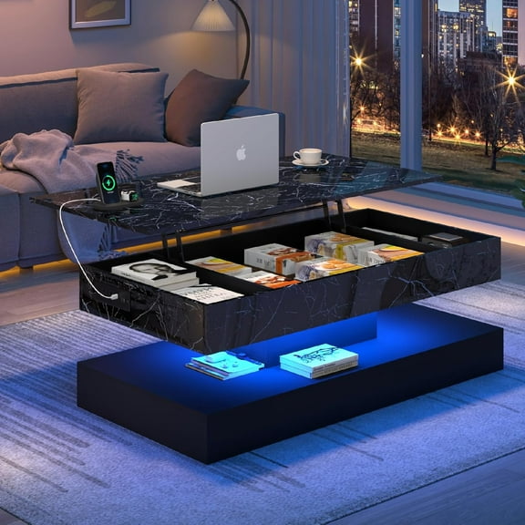 47.2" Large Lift Top Coffee Table with Charging Station, LED Modern High Glossy Center Table with Hidden Compartment Storage, White Lift Living Room Tables with Marbling Print, Black