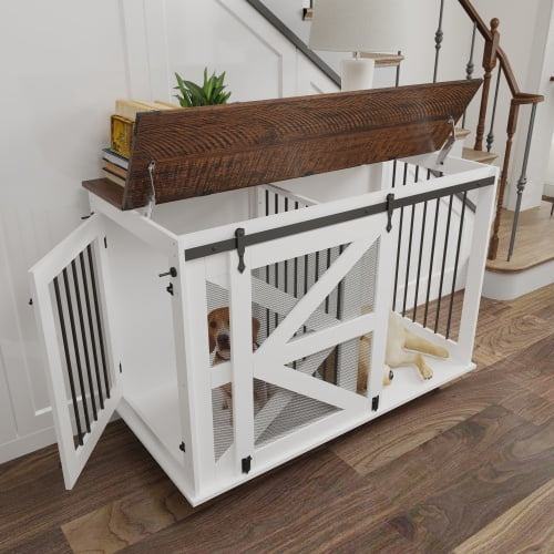 47.2" Large Mobile Dog Crate with Flip-Top Feeding Door, Dual-Access Double Dog Kennel Furniture with 5 Caster System and Removable Divider, Brown White