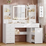 47.2  Large Vanity Desk with Mirror and Lights,Power Outlet,7 Drawers,Pull-Out LED Mirror with 3 Light Modes,Brightness Adjustable,Rolling Makeup cart,Crystal Handles, hairdryer Rack,White