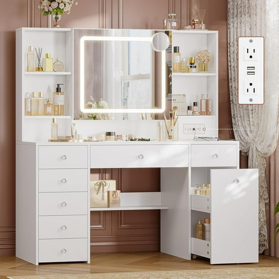 47.2“ Large Vanity Desk with Mirror and Lights,Power Outlet,7 Drawers,Pull-Out LED Mirror with 3 Light Modes,Brightness Adjustable,Rolling Makeup cart,Crystal Handles, hairdryer Rack,White
