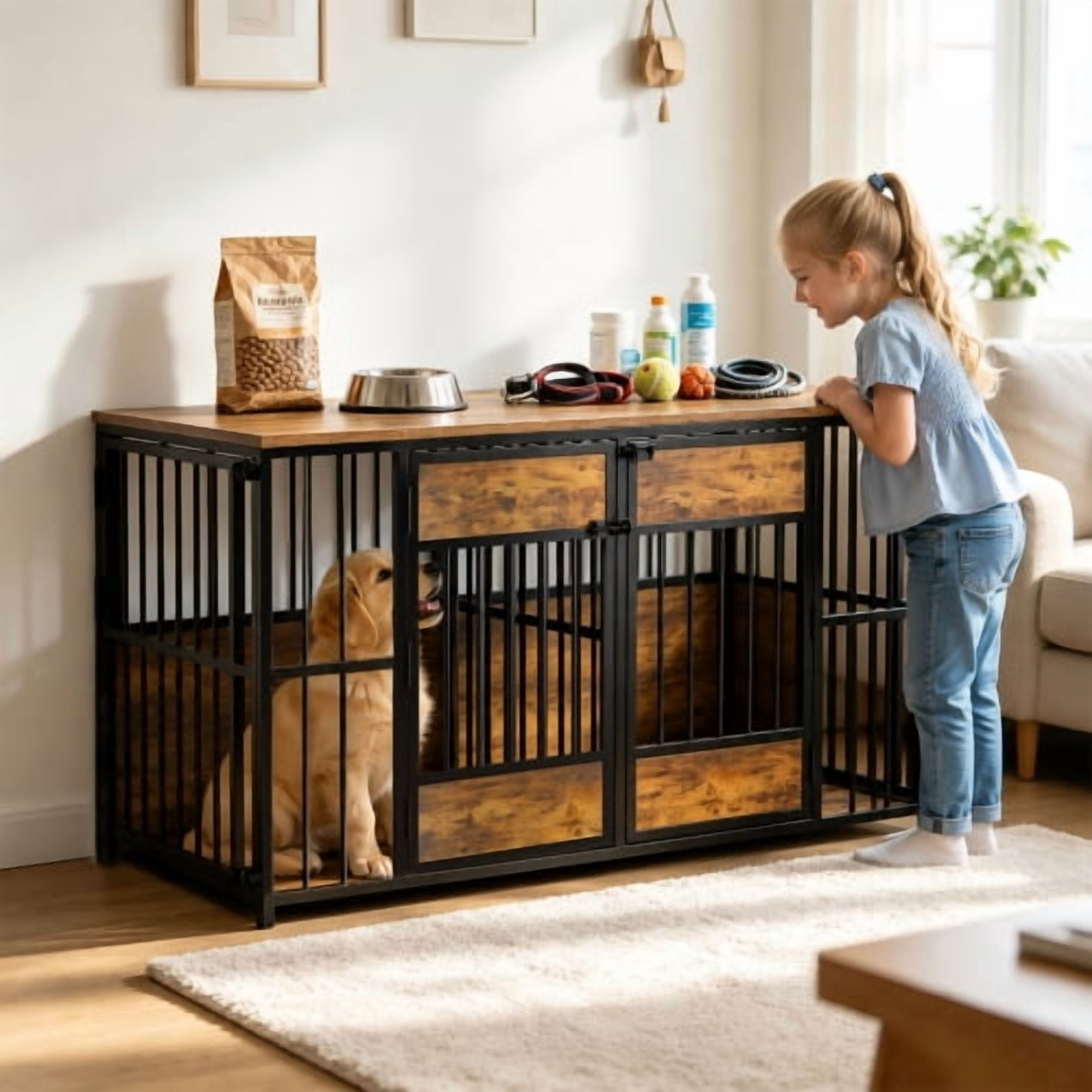 47.2" Large Wooden Dog Crate Furniture with Storage Top – Modern Indoor Dog Kennel Cage, Sturdy Wood & Metal Pet House with Breathable Open Design for Living Room & Bedroom