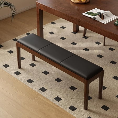 47.2'' Leather Upholstered Dining with 100% Solid Oak Wood Frame, 13.8'' Widened Padded Bed End Ottoman for Kitchen Living Room Bedroom Entryway, Black