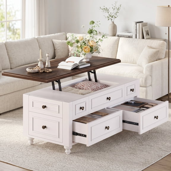 47.2" Lift Top Coffee Table with Storage, Farmhouse Coffee Table with Large Hidden Storage Compartment and 4 Drawers, Square Coffee Tables for Living Room, White
