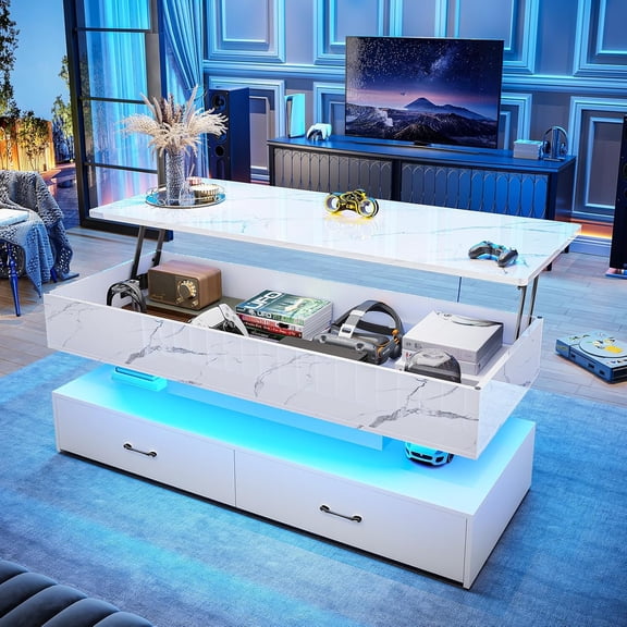 47.2" Lift Top Coffee Table with 2 Storage Drawers for Living Room, Modern Coffee Table with LED Light for Dining Reception Room