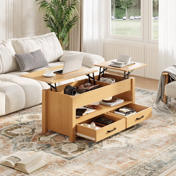 47.2" Lift Top Coffee Table with Storage, Wooden Multi-Functional Center Table with 2 Drawers & Hidden Compartment for Living Room Home Office