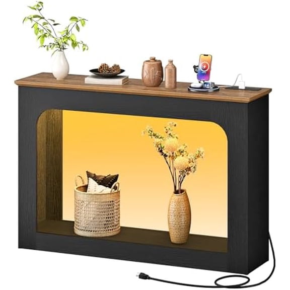 47.2 Long Console Table, Narrow Entryway Table with Charging Station and LED Lights, 2-Tier Farmhouse Behind Couch Table with Storage, Light Walnut and Black MXG02UDBL$$Furniture