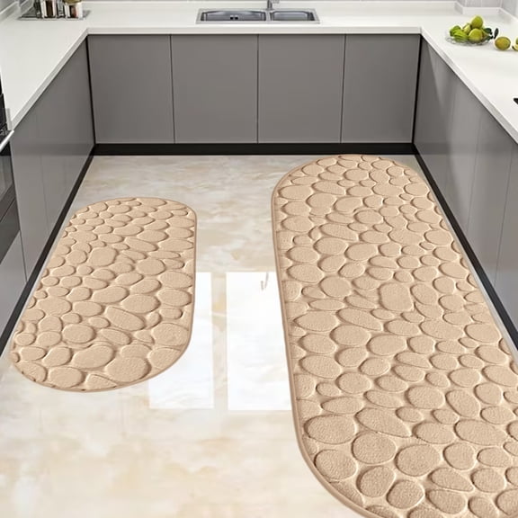 47.2" Memory Foam Bath Mat Set Of 2 (40X120 & 40X60Cm), Cobblestone Textured Bathroom Rugs, Ultra Soft Absorbent Non Slip Floor Mats For Tub Shower, Plush Microfiber For Master Bath Khaki