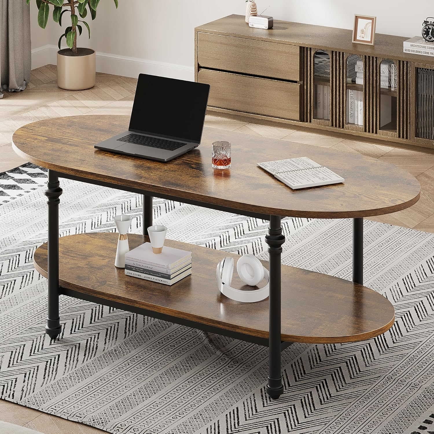 47.2 Mid Century Cocktail Table Low Storage Coffee Table 2 Tier Vintage Center Table Oval Coffee Table Unique Tea Table for Living Room Office Easy Assembly Walmart