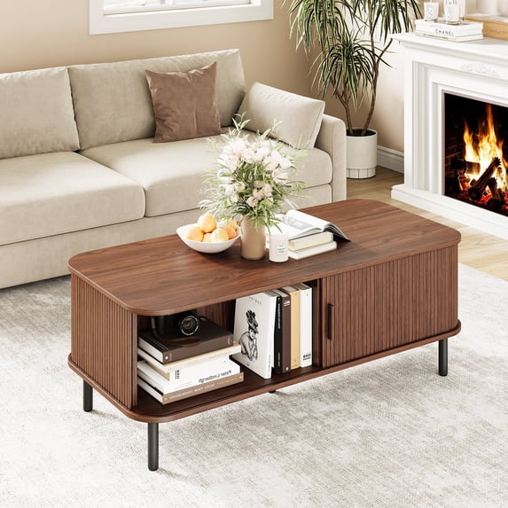 ROGALIS 47.2" Mid Century Modern Coffee Tables with Storage for Living Room, Rectangle Wood Center Table, Walnut