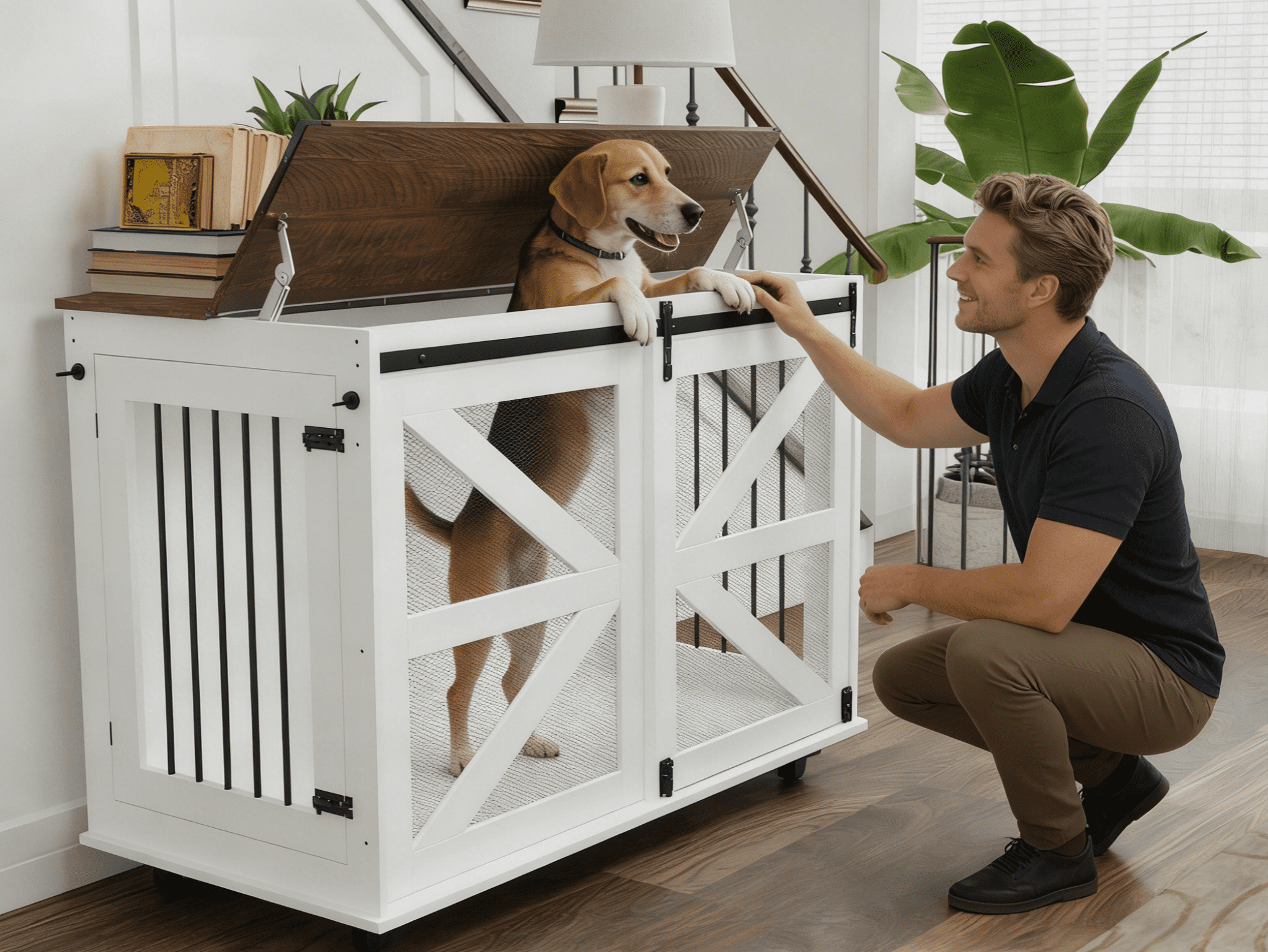 47.2" Mobile Dog Crate with Flip-Top Feeding Door, Dual-Access & 5 Caster System (2 Locking), Side Hooks - Multi-Functional Pet Kennel, Double Dog Crate Furniture