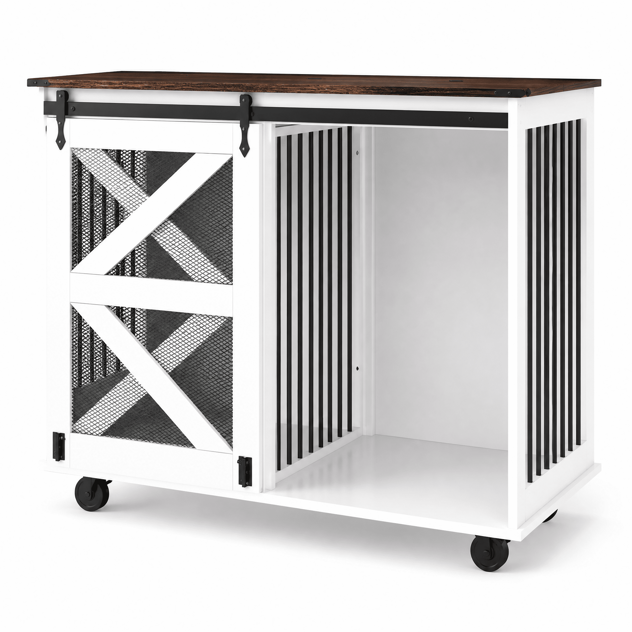 47.2" Mobile Double Dog Crate Furniture, Farmhouse Style Pet Kennel with Flip-Top Feeding Door, Dual Access, 5 Casters, Side Hooks & Removable Divider for Large or Two Small Dogs