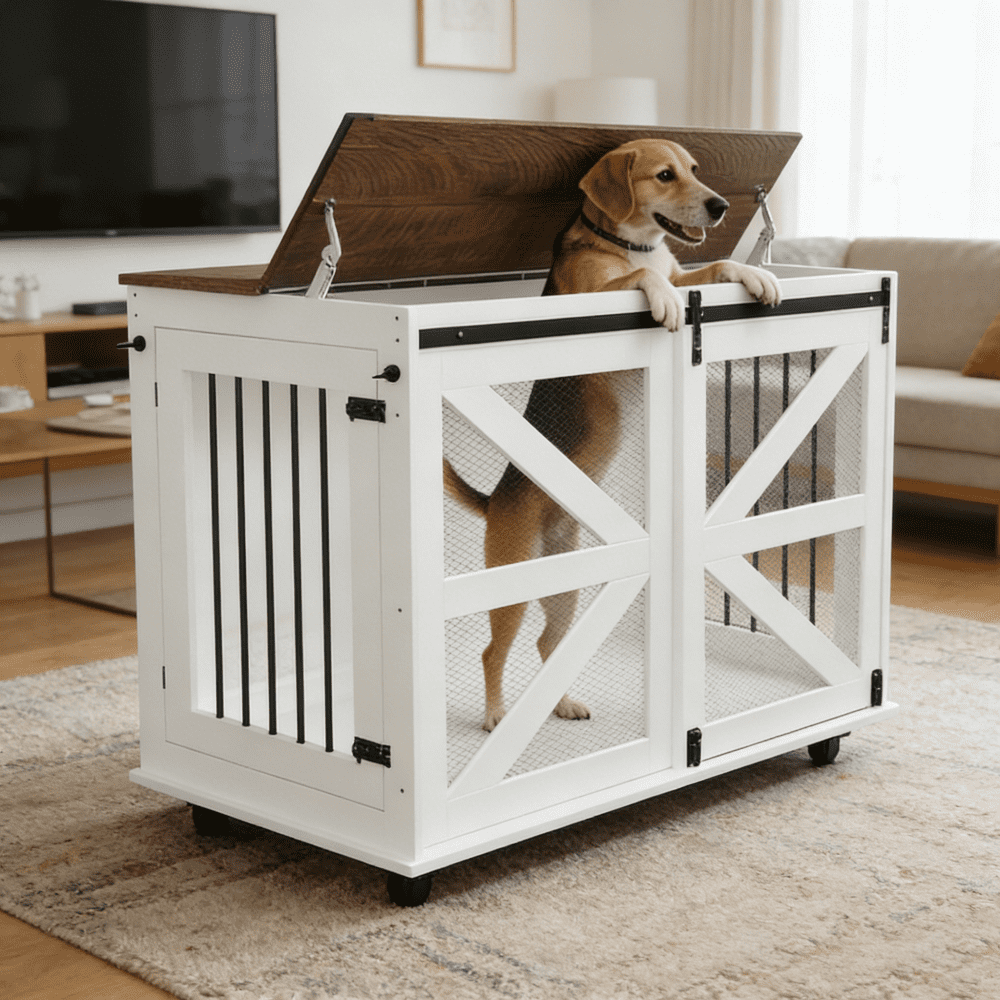 47.2" Mobile Double Dog Crate Furniture with Flip-Top Feeding Door & Locking Casters