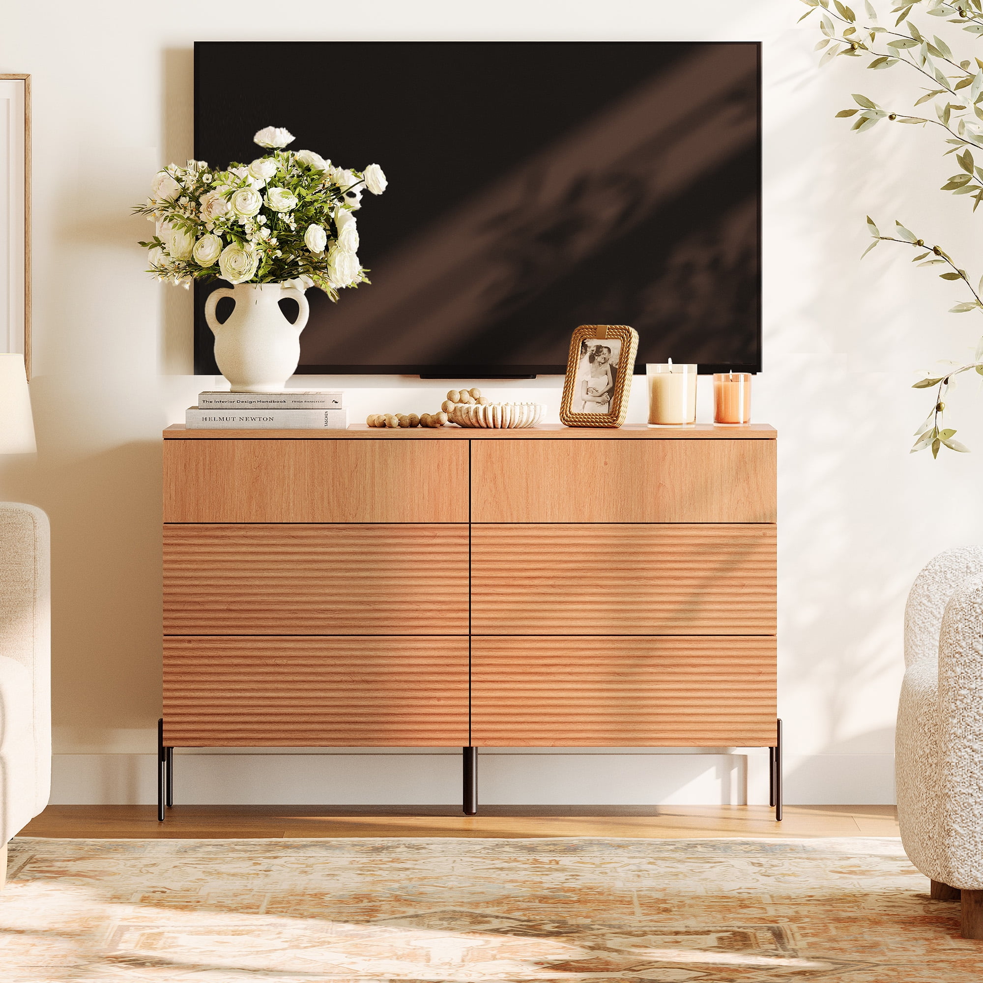 47.2" Modern 6 Drawer Dresser TV Stand For 55 Inch TV, Entertainment Center With Minimalist Reeded Design, Wood TV Console With Storage For Living Room