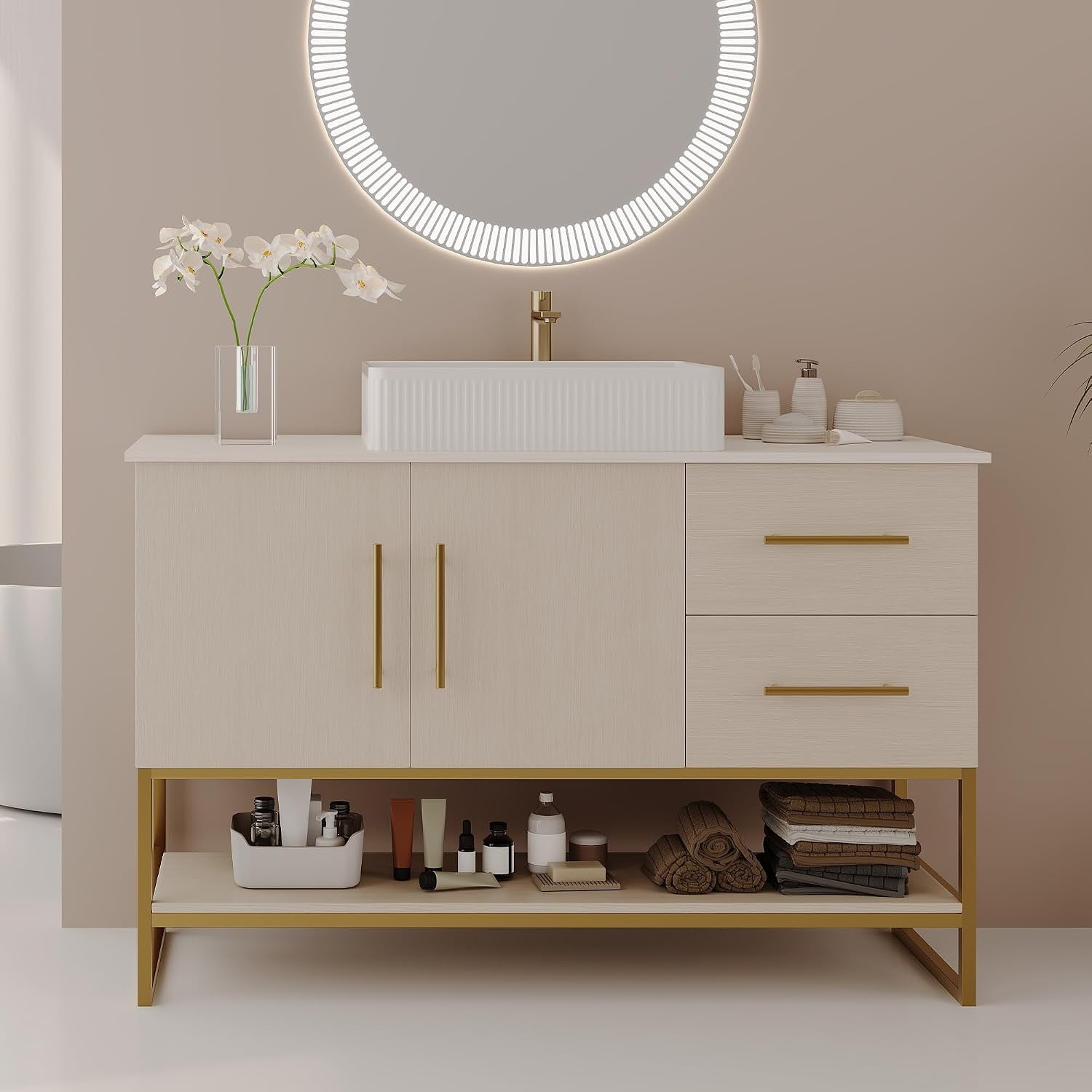 47.2" Modern Bathroom Vanity with Ceramic Vessel Sink, Gold Accent Freestanding Bathroom Cabinet with Wood Countertop, Soft Closing Cabinet, 2 Sliding Drawers & Open Storage Shelf, Ameican White Oak