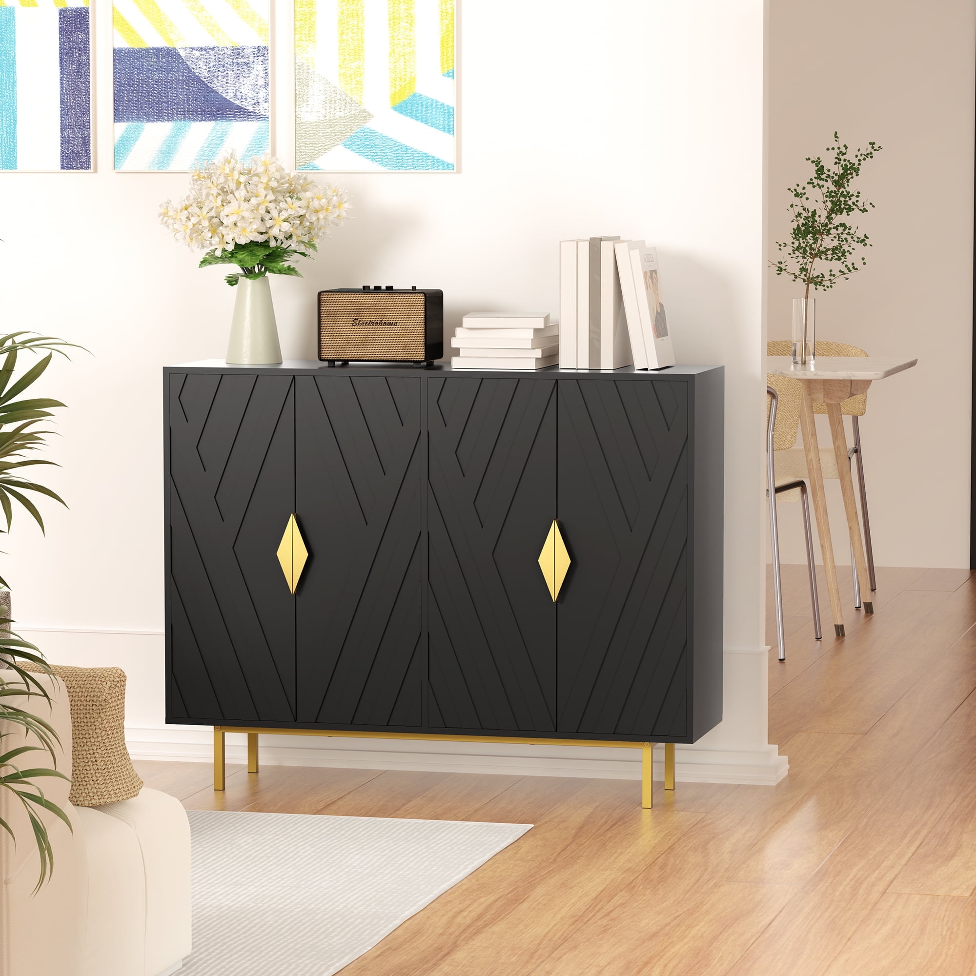 Black MDF Accent Cabinet with Gold Handles and Adjustable Shelving
