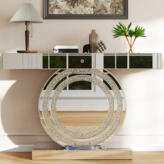 47.2" Modern Luxury Mirrored Console Table with Storage Drawer Silver Glass Entryway Table Sofa Table with Crystal Inlays Base Hallway,Entrance,Living Room,Foyer