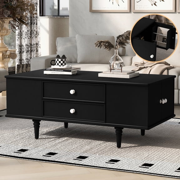 47.2" Modern Rectangle Coffee Table with Cocktail Cabinet, Drawers and Hidden Storage Cabinet, Wood Storage Coffee Table with Solid Wood Legs for Living Room, Dining Room - Black