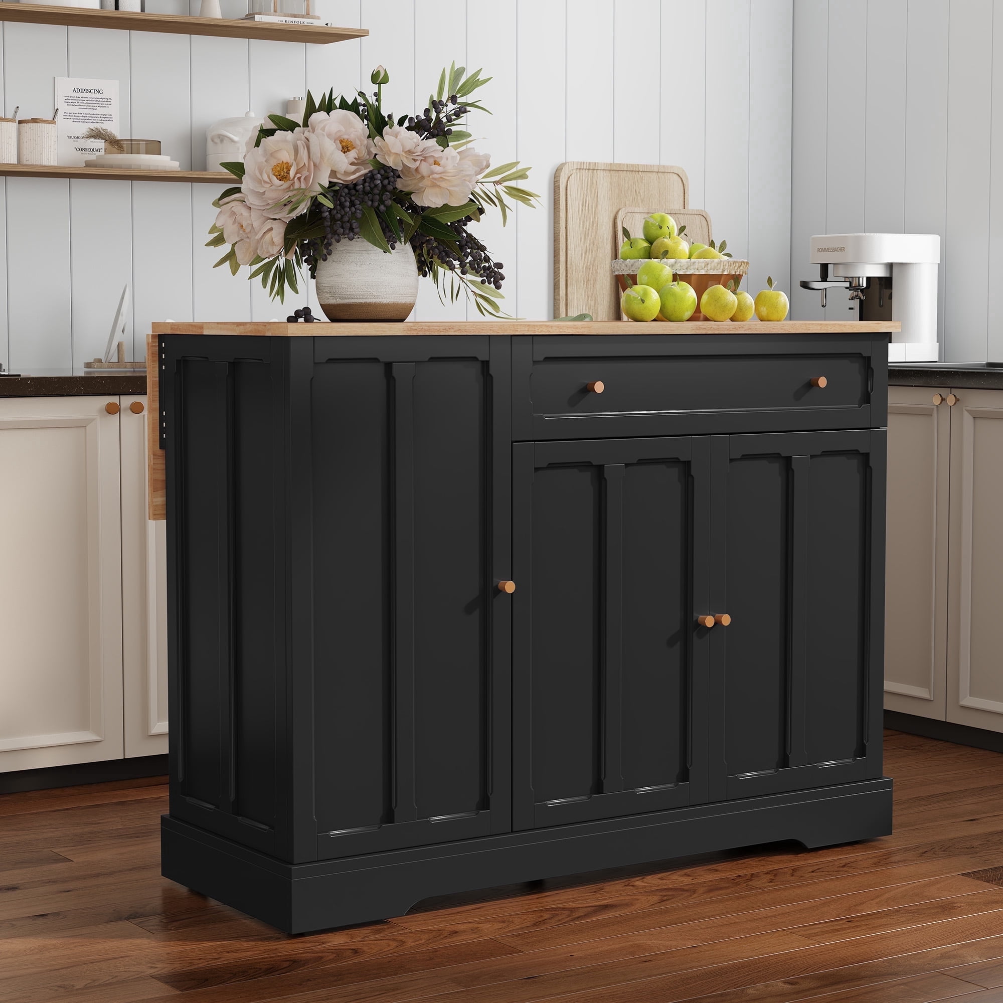 CBJCBJ 47.2" Modern Rolling Kitchen Island with Drop Leaf, Kitchen Cart with Storage, Black