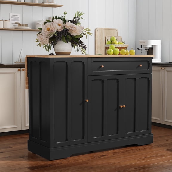 CBJCBJ 47.2" Modern Rolling Kitchen Island with Drop Leaf, Kitchen Cart with Storage, Black