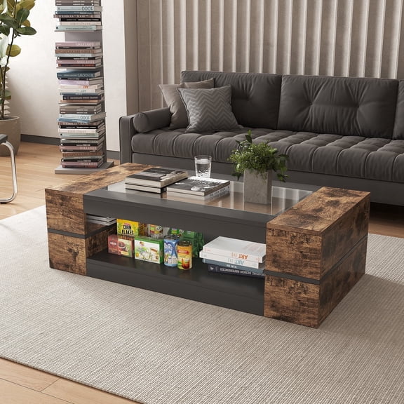 Hironpal 47" Modern Coffee Table with Glass Top, 2-Tier Rectangular Center Table with Storage for Living Room,Rustic