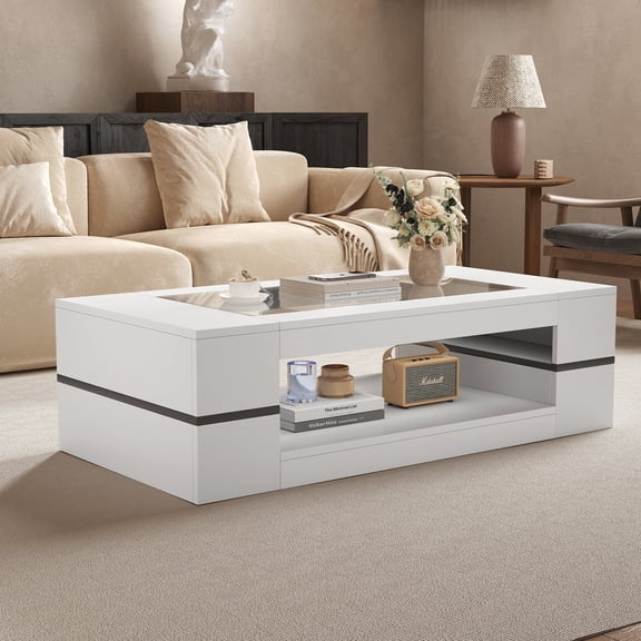 Hironpal 47" Modern Coffee Table with Glass Top, 2-Tier Rectangular Center Table with Storage for Living Room,White