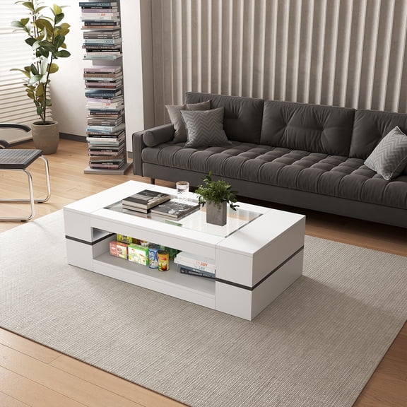 Hironpal 47" Modern Coffee Table with Glass Top, 2-Tier Rectangular Center Table with Storage for Living Room,White