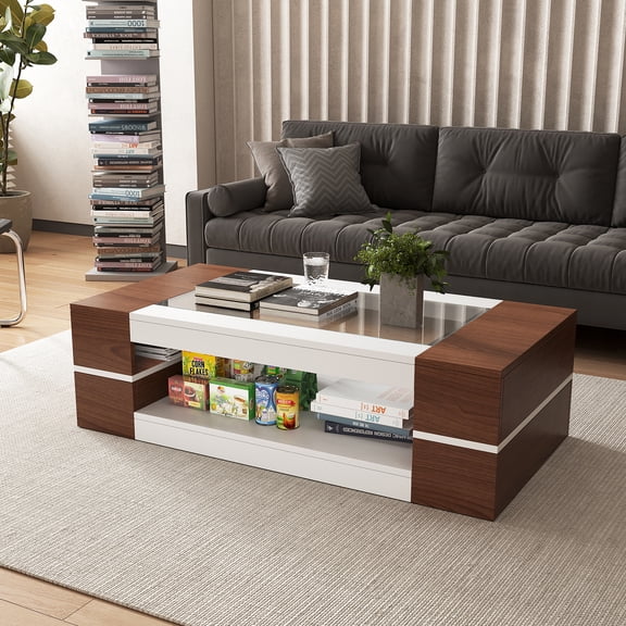 Hironpal 47" Modern Coffee Table with Glass Top, 2-Tier Rectangular Center Table with Storage for Living Room, Walnut