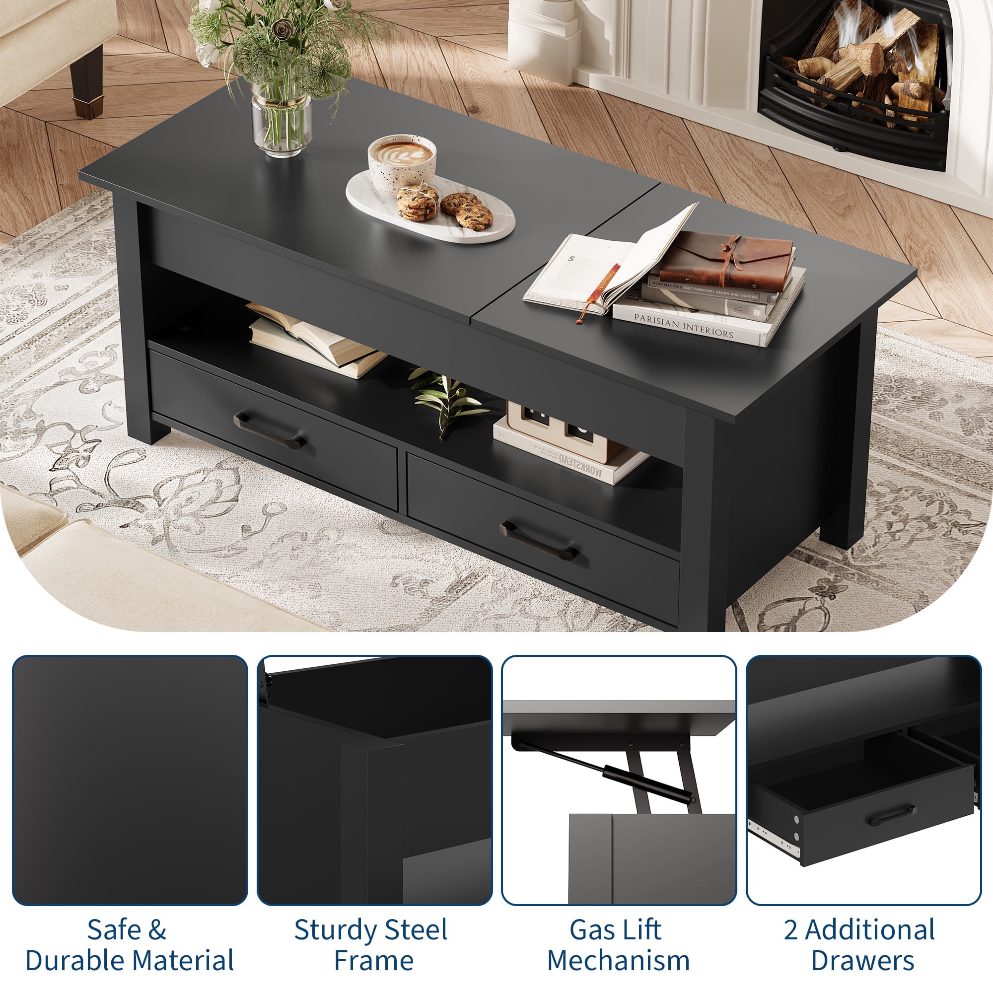 47.2" Multi-Function Lift Top Coffee Table with Storage: Wooden Lift ...
