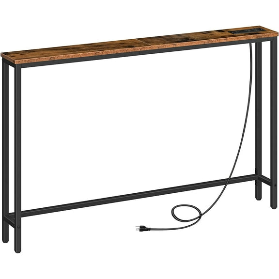 47.2" Narrow Console Table with Power Outlet, 5.9" Behind Couch Table with Charging Station, Long Sofa Side Table, Skinny Entryway Table for Living Room, Hallway, Foyer, Rustic Brown BF15XG01G1