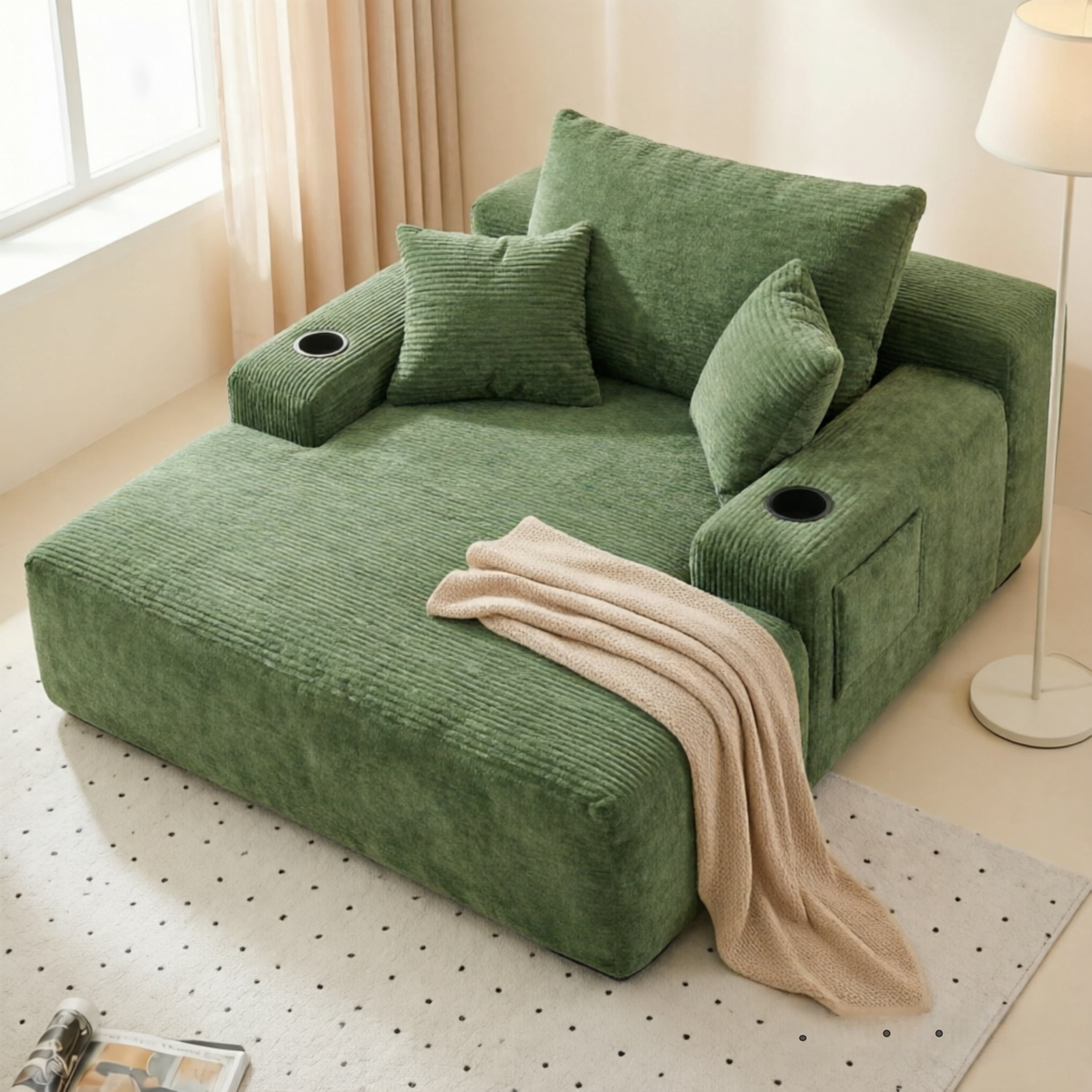 47.2'' No Assembly Compressed Sofa Chair, Deep Seat Chaise Lounge with Cup Holder & Storage Pocket, Boneless Sleeper Sofa Bed Armchair