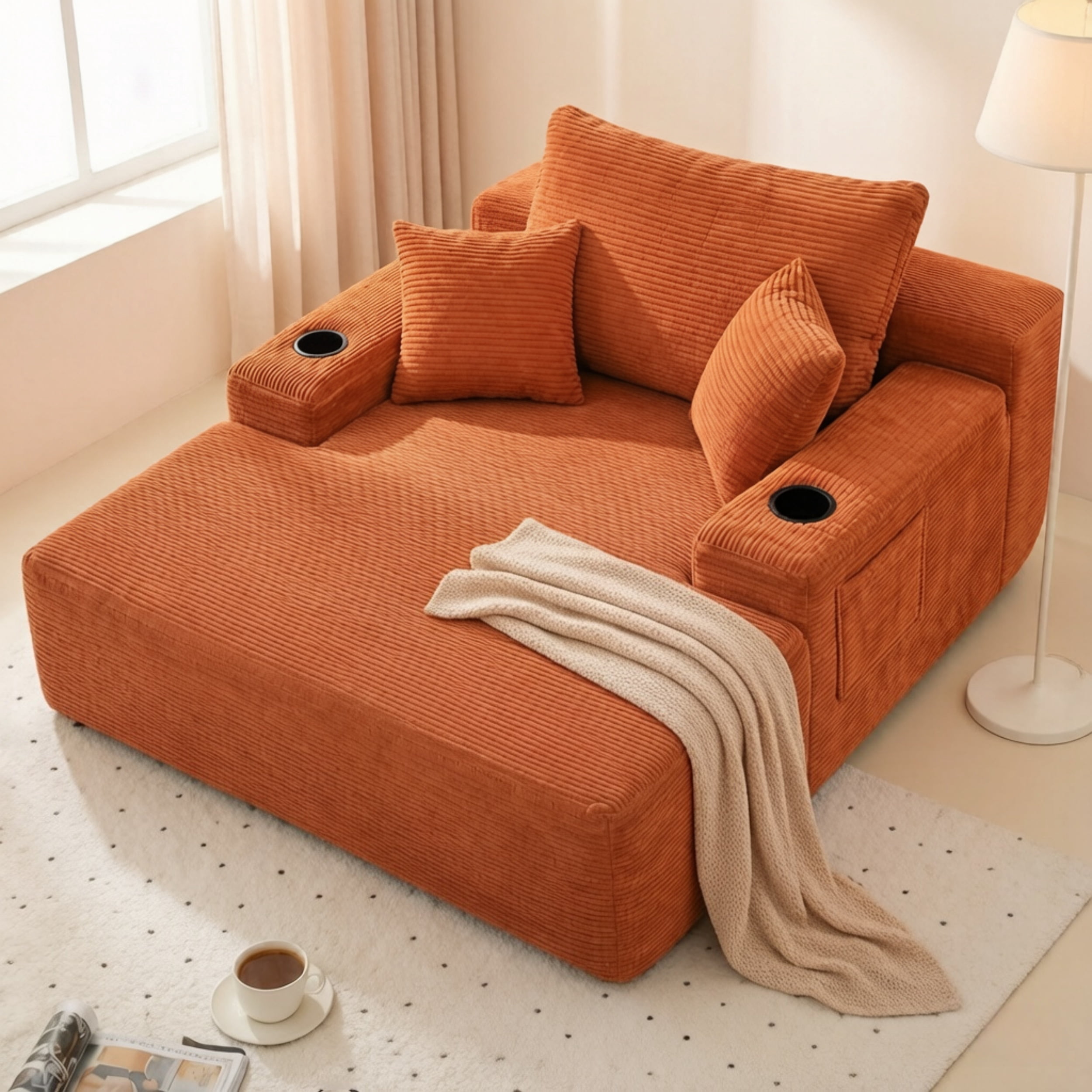 47.2'' No Assembly Compressed Sofa Chair, Deep Seat Chaise Lounge with Cup Holder & Storage Pocket, Boneless Sleeper Sofa Bed Armchair