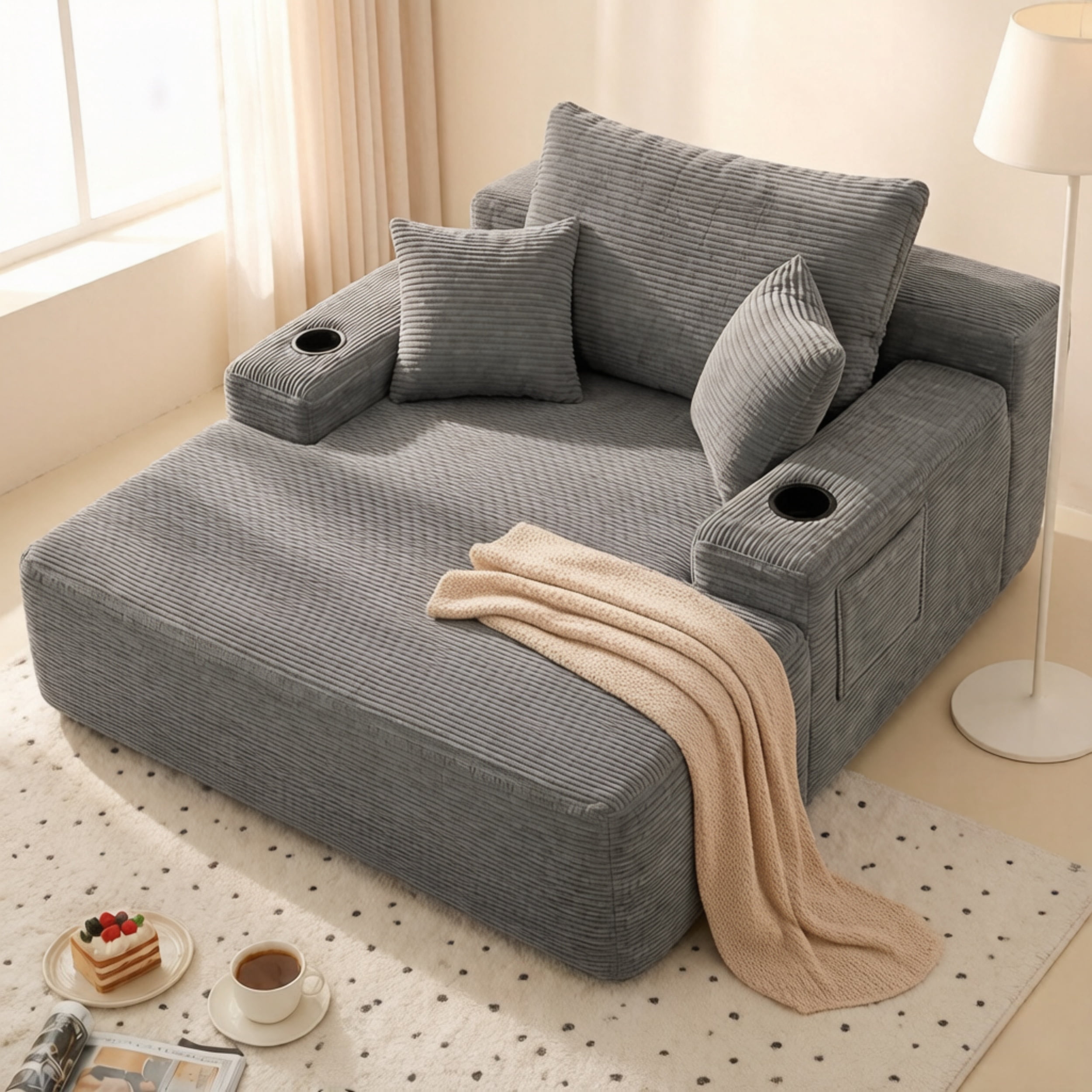 47.2'' No Assembly Compressed Sofa Chair, Deep Seat Chaise Lounge with Cup Holder & Storage Pocket, Boneless Sleeper Sofa Bed Armchair